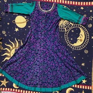 Floral Long Flared Kurti Embroidered Buttons